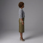 Women's Green Leather Midi Skirt with Front Slit