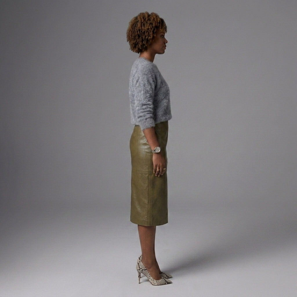 Women's Green Leather Midi Skirt with Front Slit