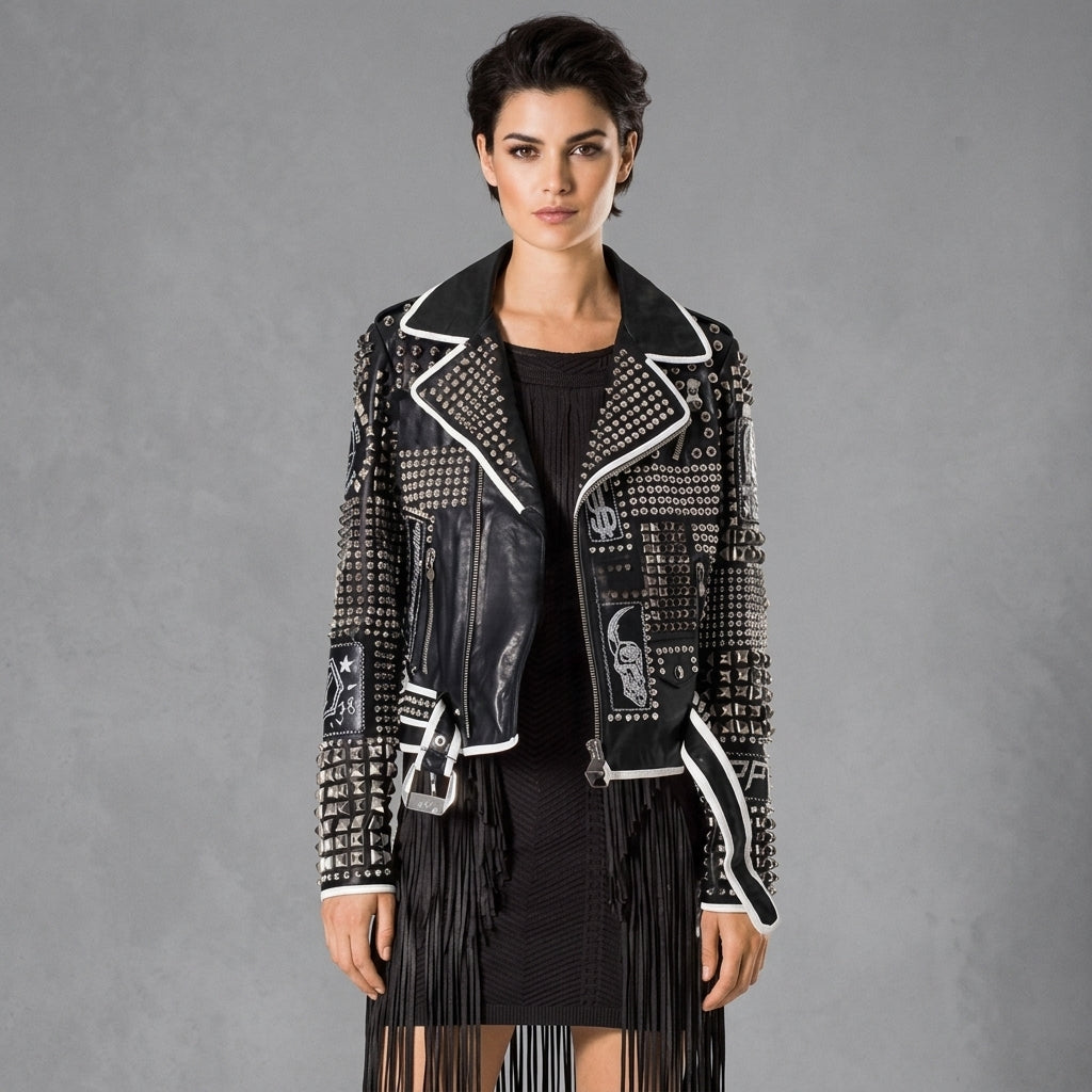 Bold Studded Leather Biker Jacket
