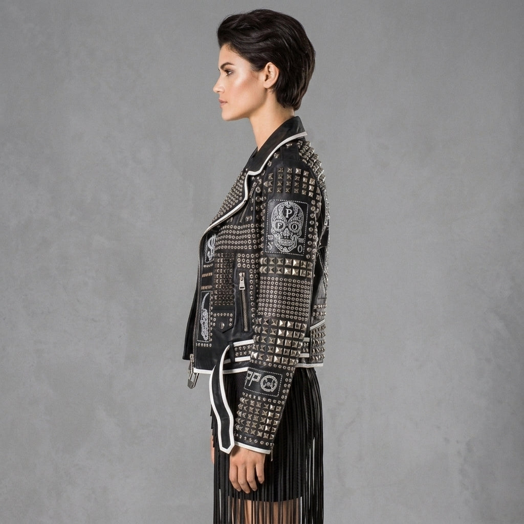 Bold Studded Leather Biker Jacket