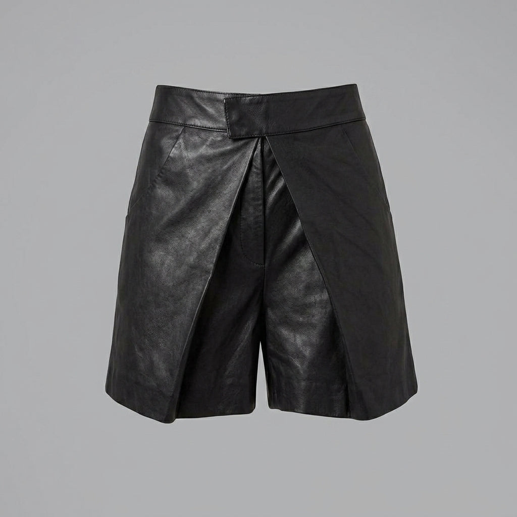 Women's Black High-Waist Leather Wrap Shorts