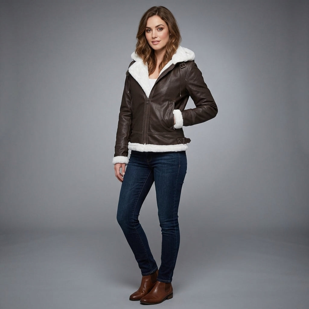 Women's Hooded Shearling Leather Jacket