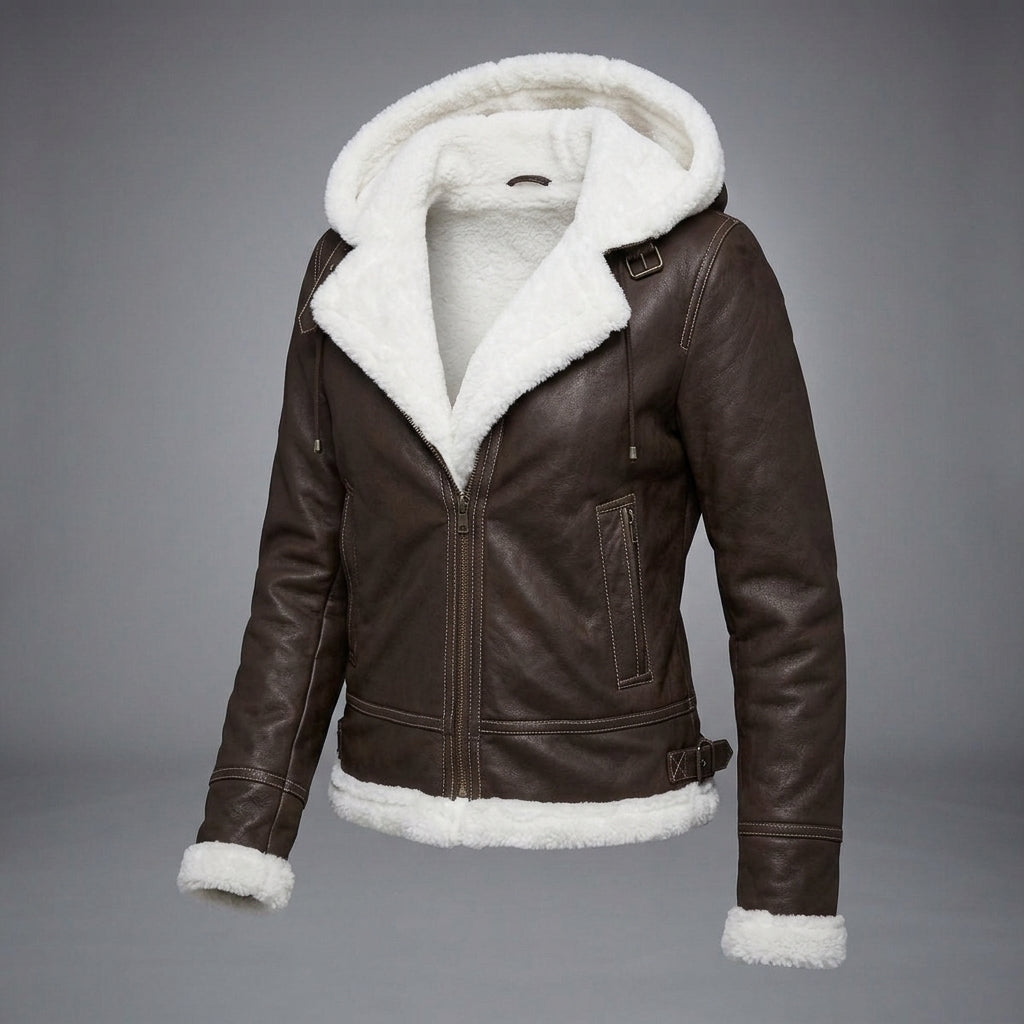 Women's Hooded Shearling Leather Jacket