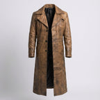 Men's Vintage Distressed Brown Leather Trench Coat