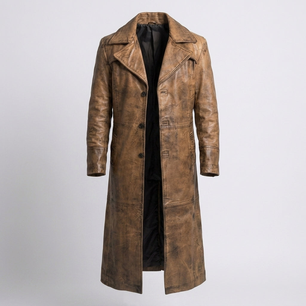 Men's Vintage Distressed Brown Leather Trench Coat