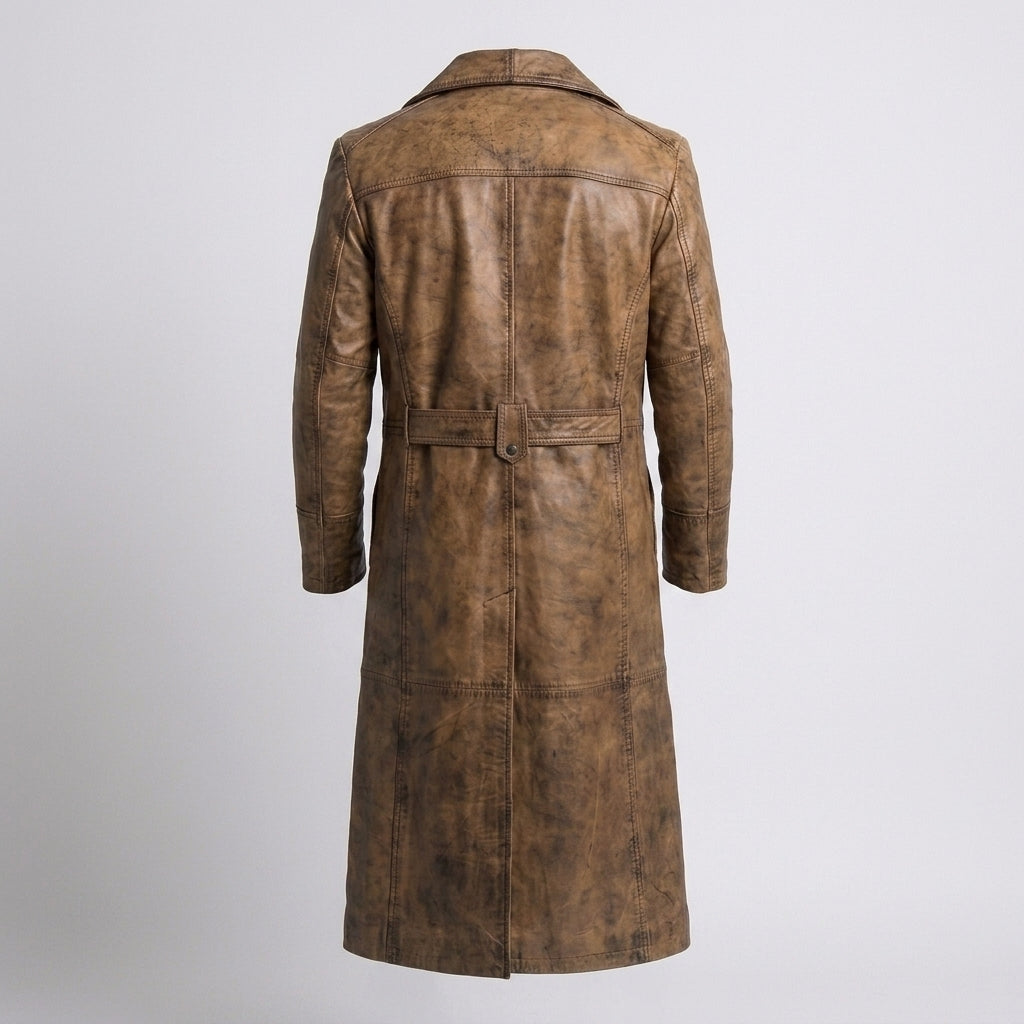 Men's Vintage Distressed Brown Leather Trench Coat