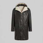 Black Hooded Leather Trench Coat with Beige Hood