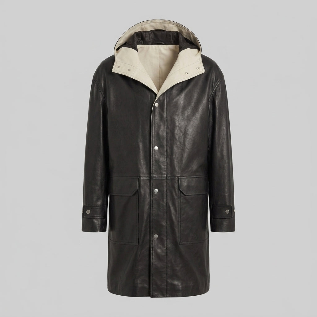 Black Hooded Leather Trench Coat with Beige Hood