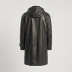 Black Hooded Leather Trench Coat with Beige Hood