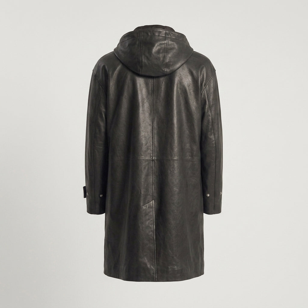 Black Hooded Leather Trench Coat with Beige Hood