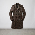 Men's Brown Double-Breasted Leather Trench Coat with Shearling Collar