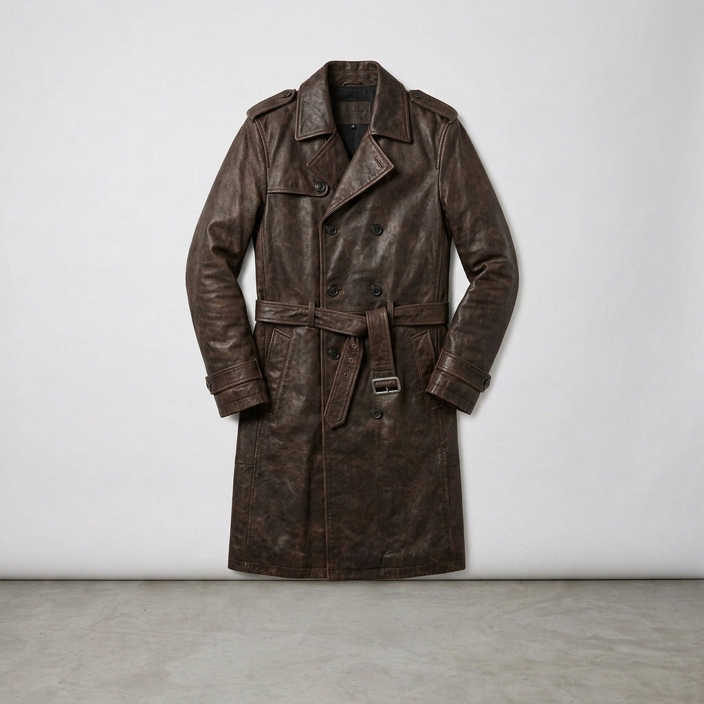 Men's Brown Double-Breasted Leather Trench Coat with Shearling Collar