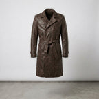 Men's Brown Double-Breasted Leather Trench Coat with Shearling Collar