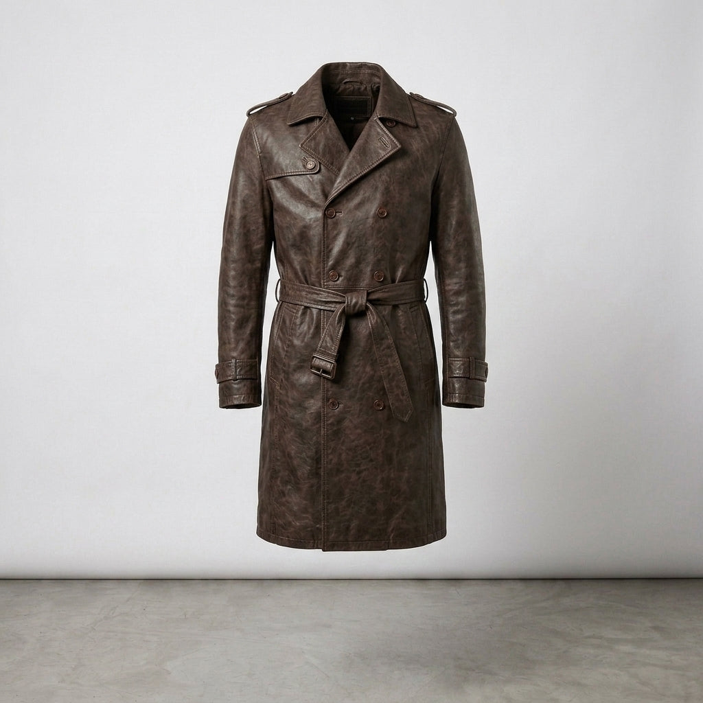 Men's Brown Double-Breasted Leather Trench Coat with Shearling Collar