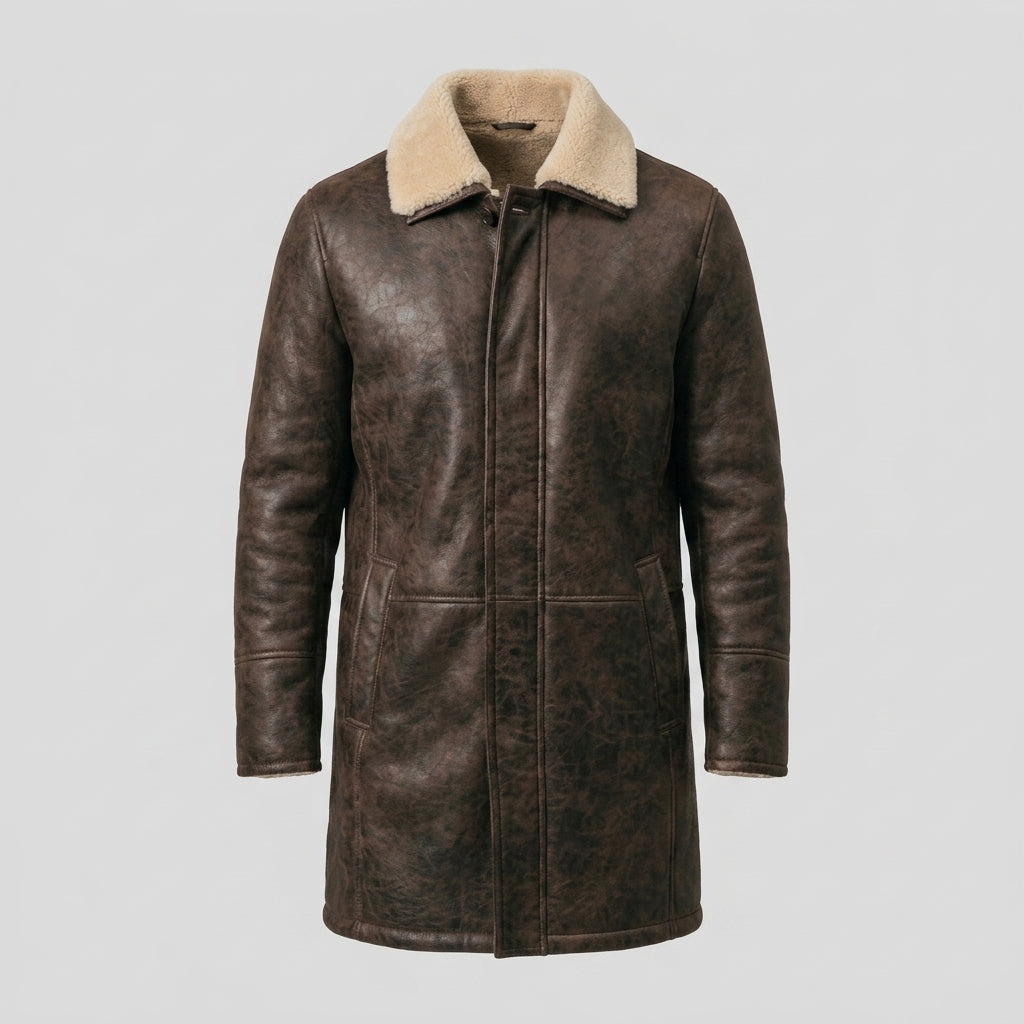Men's Brown Leather Short Coat with Contrast Trim