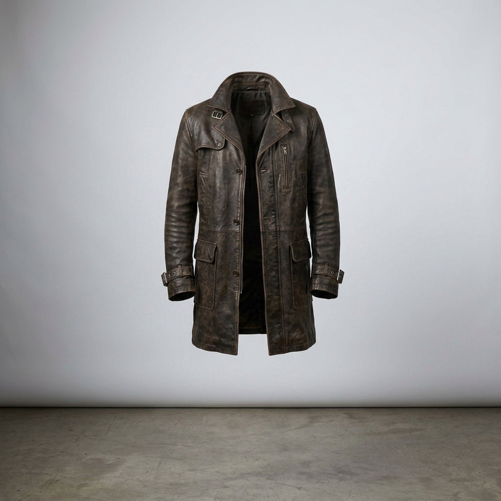 Men's Vintage Distressed Brown Double-Breasted Leather Trench Coat