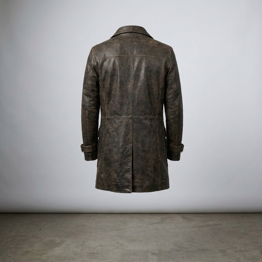 Men's Vintage Distressed Brown Double-Breasted Leather Trench Coat