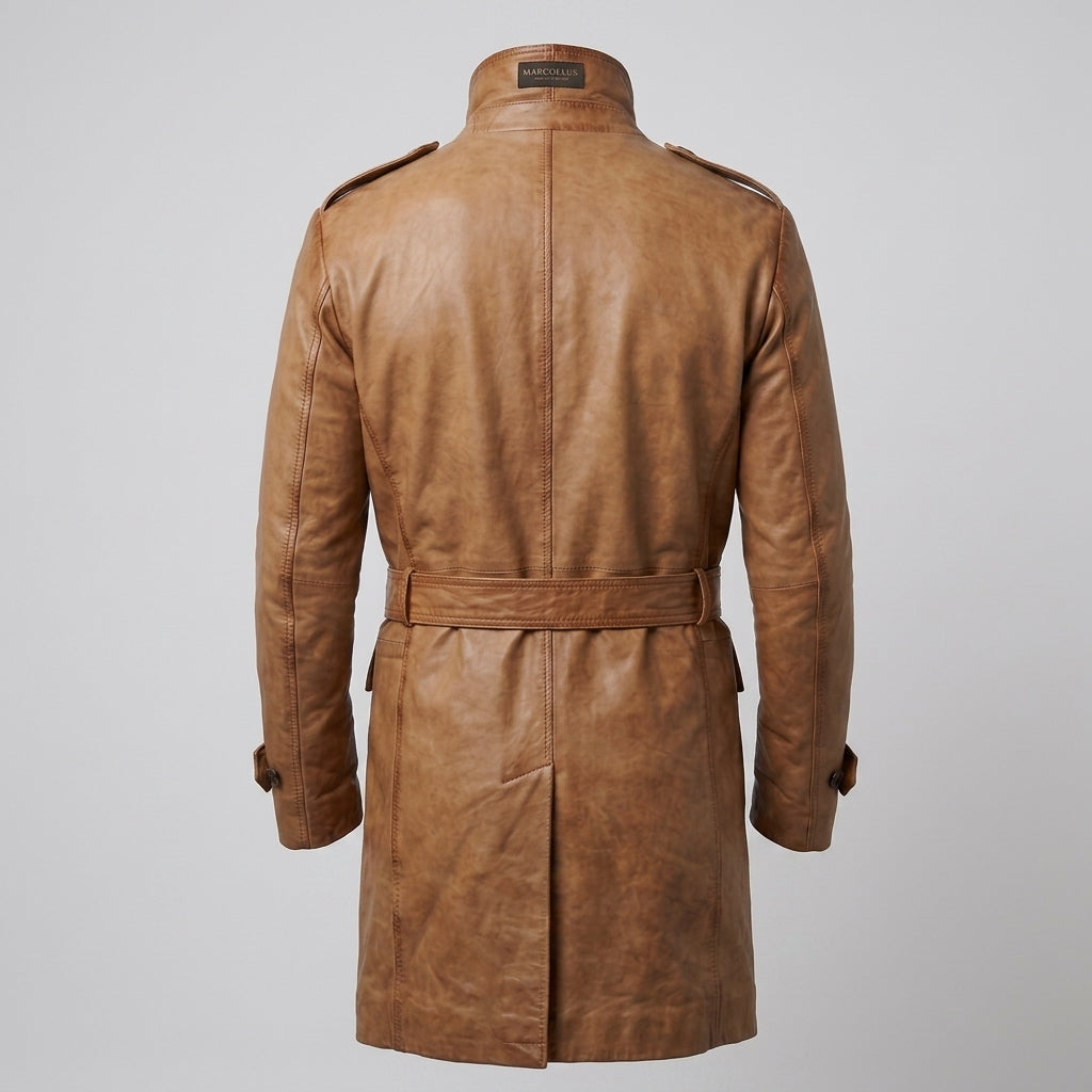 Royal Men's Tan Brown Leather Double-Breasted Trench Coat