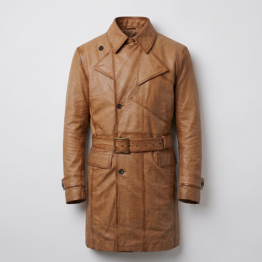 Royal Men's Tan Brown Leather Double-Breasted Trench Coat