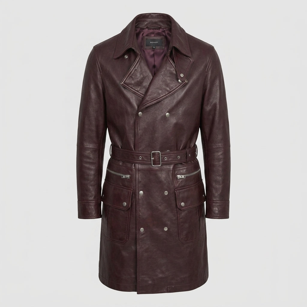 Men's Belted Leather Trench Coat