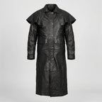 Men's Black Leather Trench Duster Coat with Removable Cape
