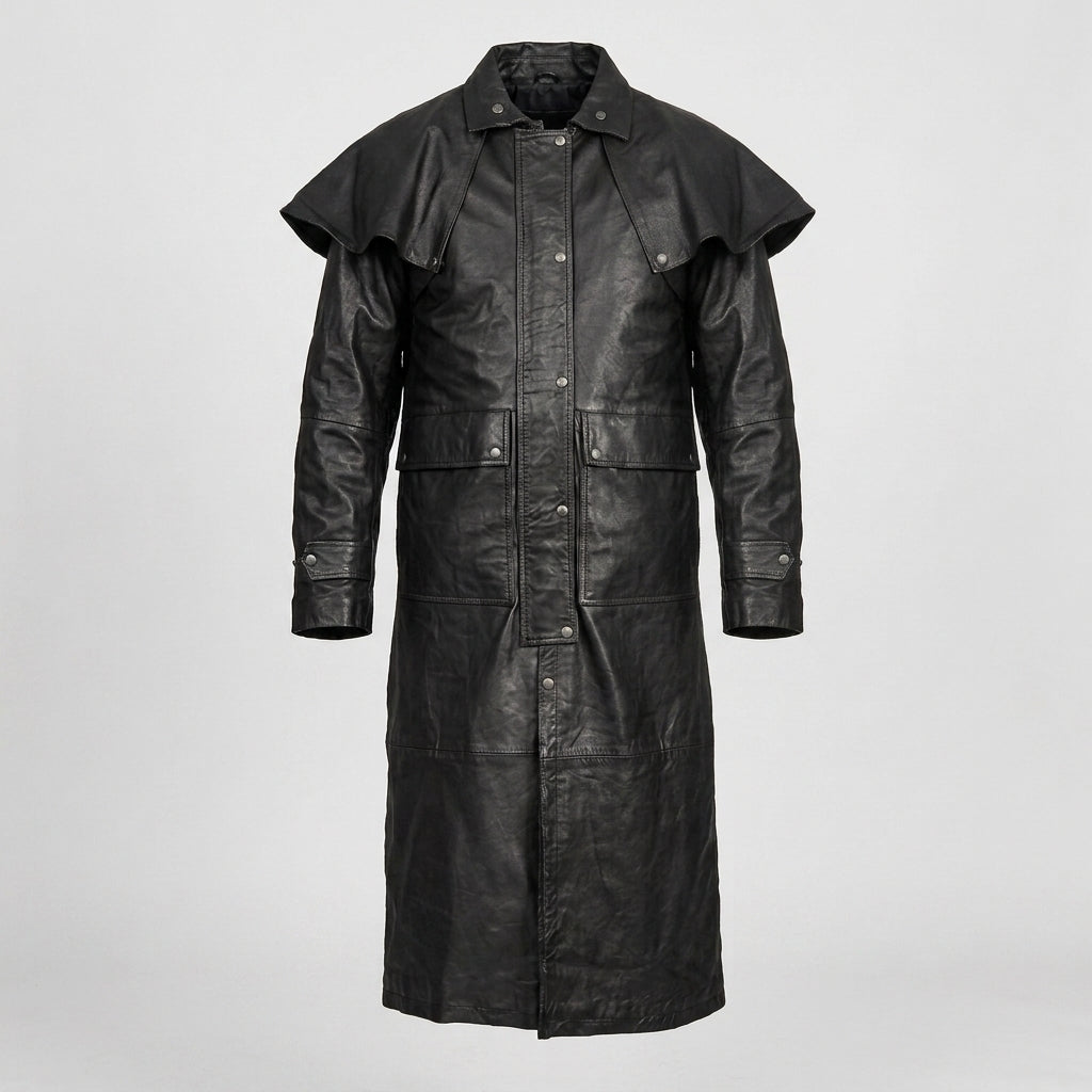 Black Leather Trench Duster Coat – Premium Long Leather Overcoat for Men