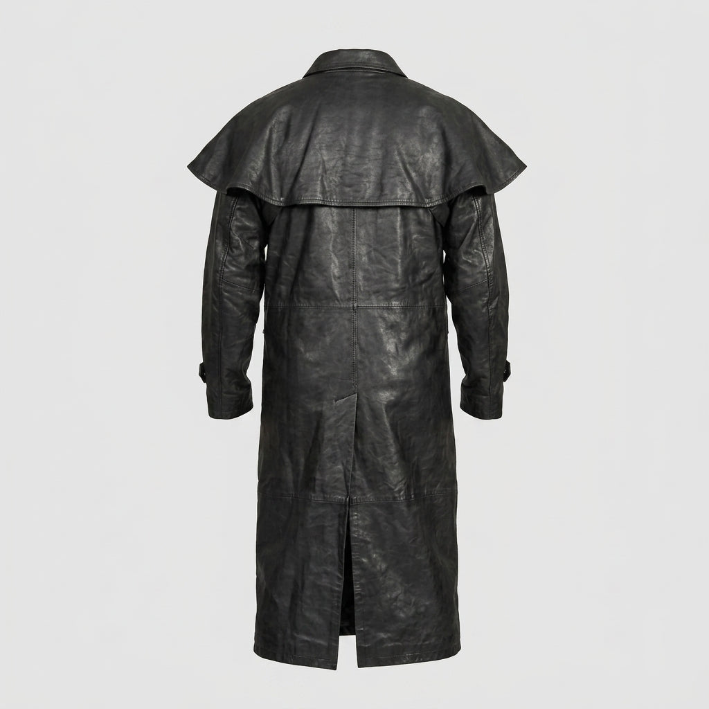 Black Leather Trench Duster Coat – Premium Long Leather Overcoat for Men