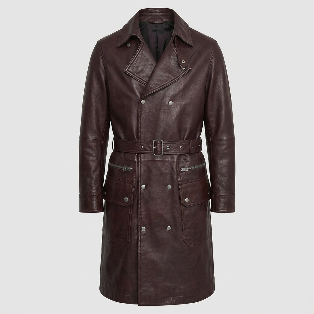 Men's Rich Brown Leather Trench Coat – Classic Long Leather Overcoat