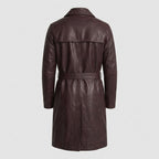 Men's Burgundy Double-Breasted Belted Leather Trench Coat