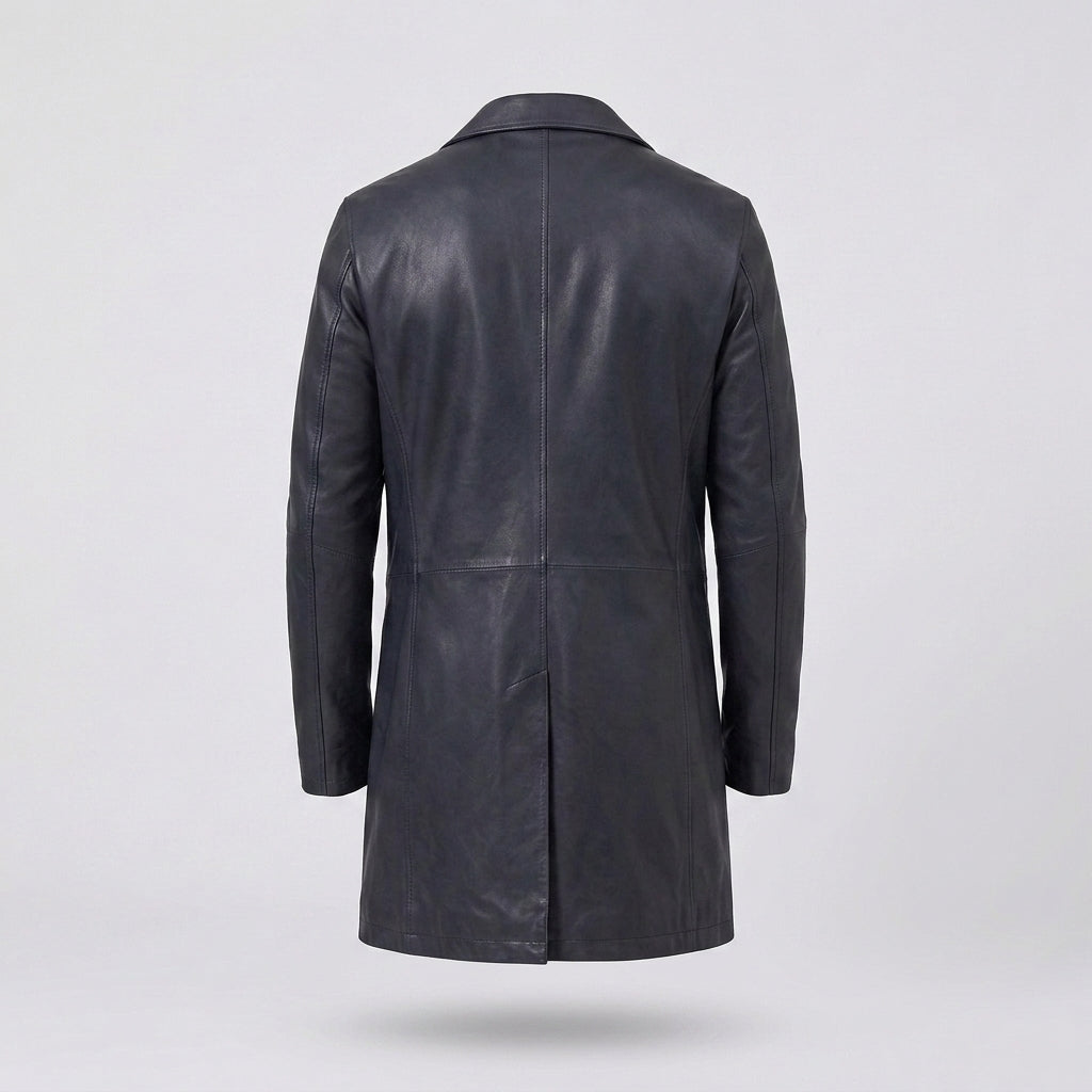 Men's Navy Blue Lambskin Leather Car Coat