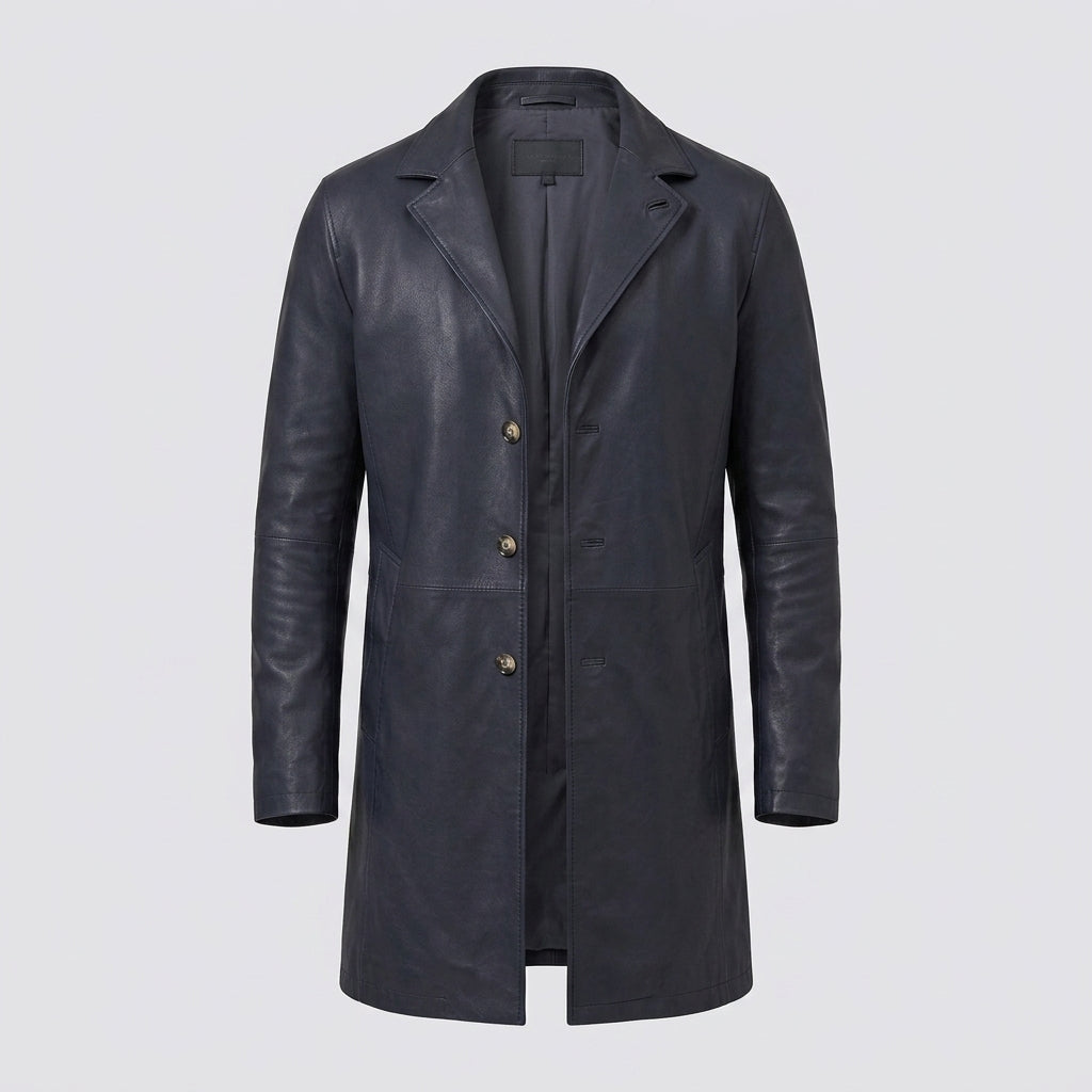 Men's Navy Blue Lambskin Leather Car Coat