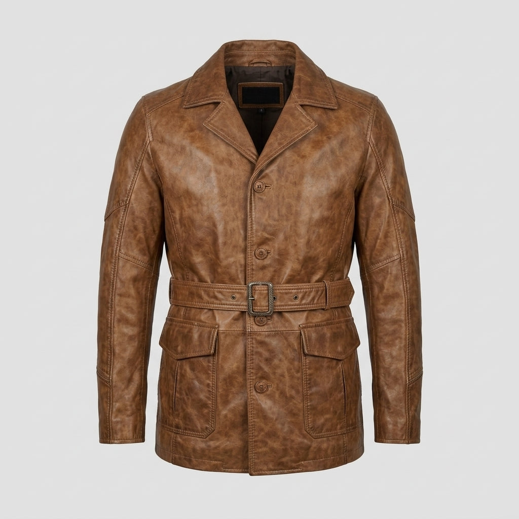 Men's Black Genuine Leather Trench Coat