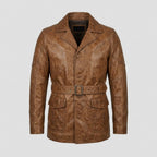 Men's Black Genuine Leather Trench Coat