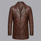Men's Black Leather Blazer Four-Button Genuine Leather Trench Coat