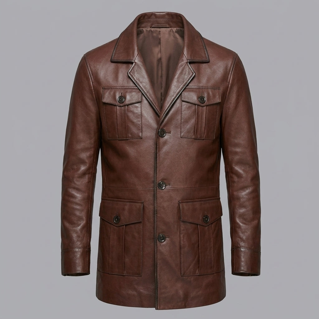 Men's Black Leather Blazer Four-Button Genuine Leather Trench Coat