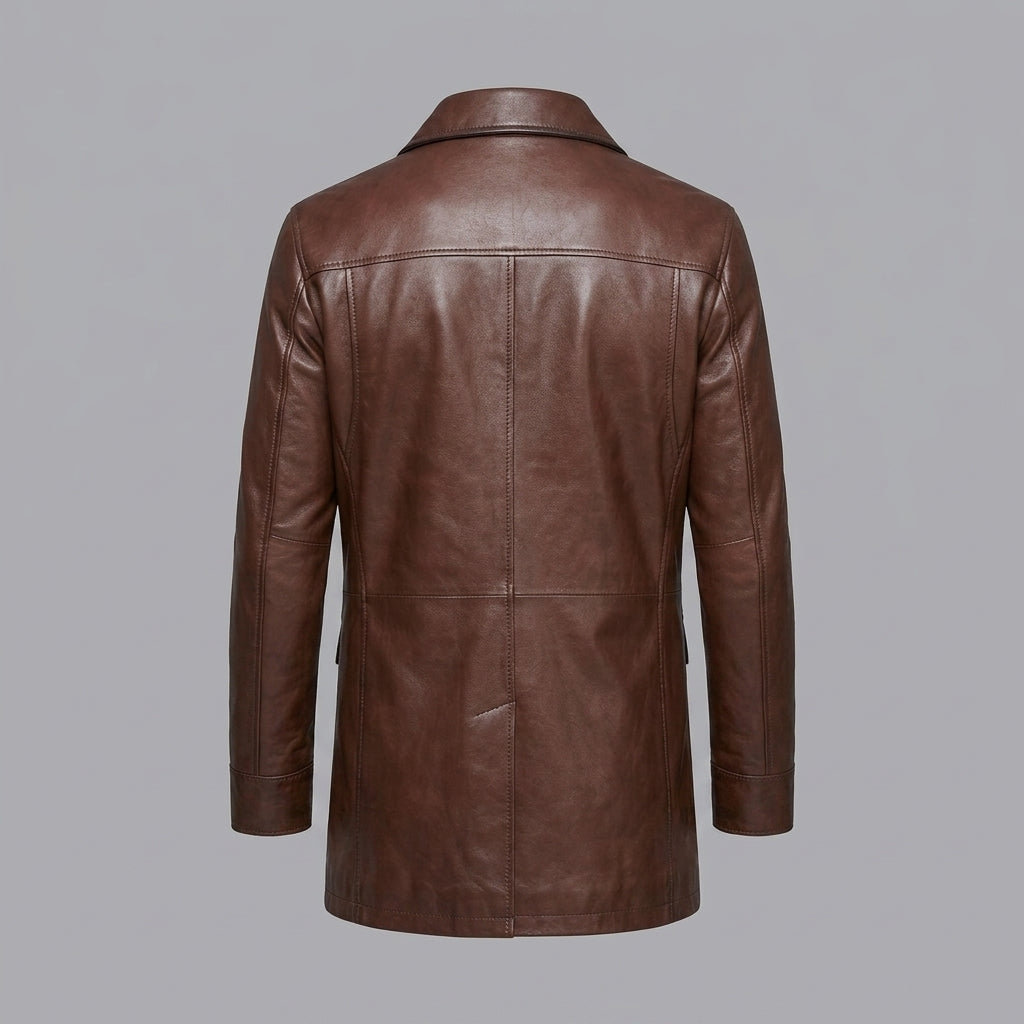 Men's Black Leather Blazer Four-Button Genuine Leather Trench Coat