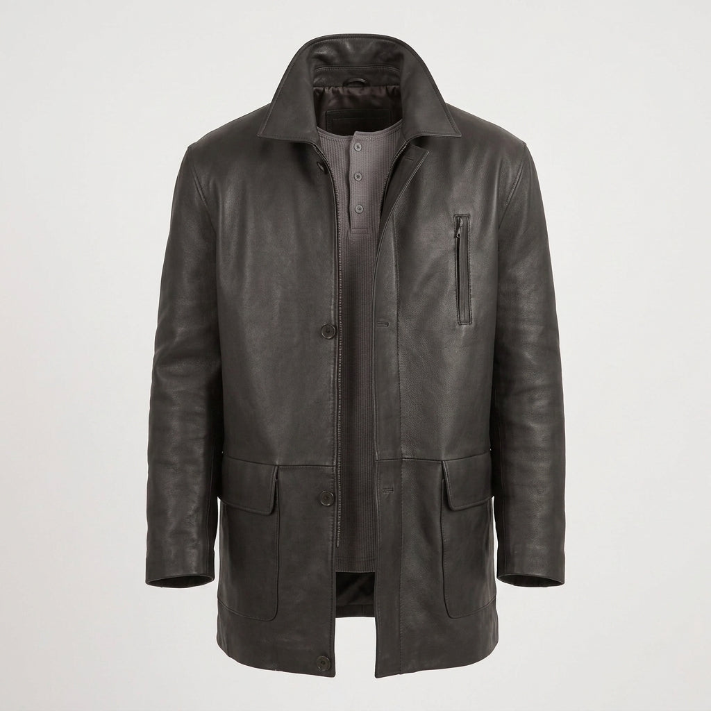 Men's Black Leather Trench Coat