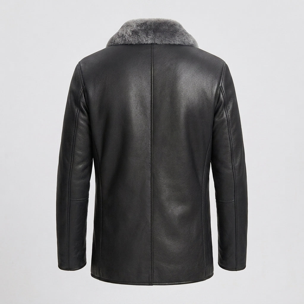 Men's Black Sheepskin Shearling Fur Leather Coat Jacket