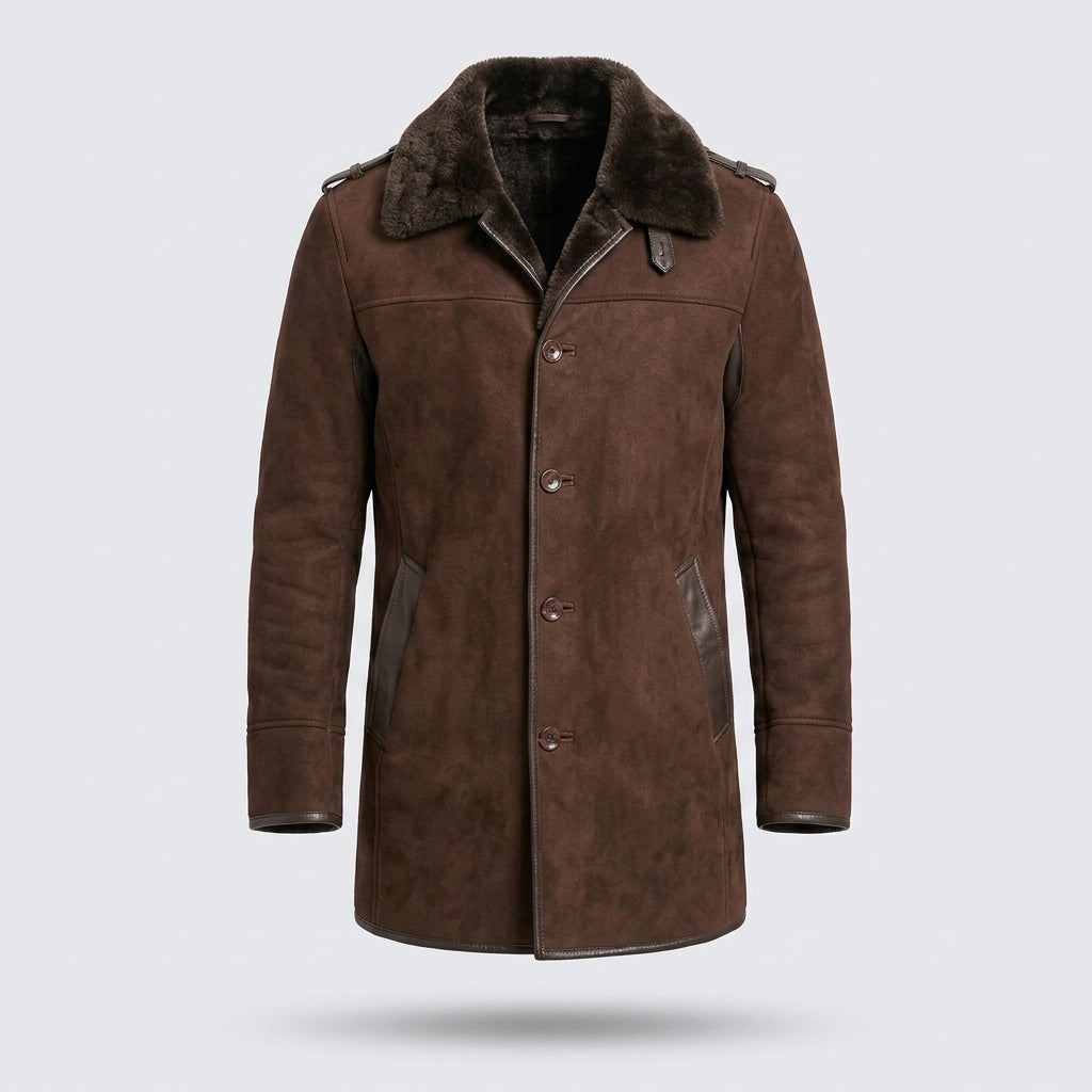 Men's Brown Shearling-Lined Leather Coat