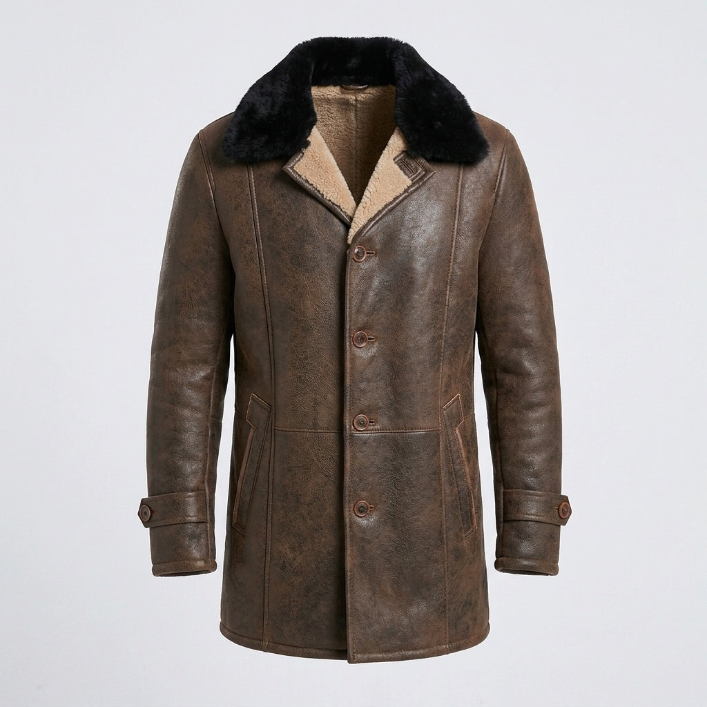 Men's Distressed Shearling Leather Coat