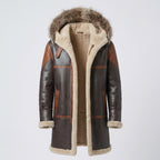 Men's Dark Brown Hooded Shearling Leather Coat