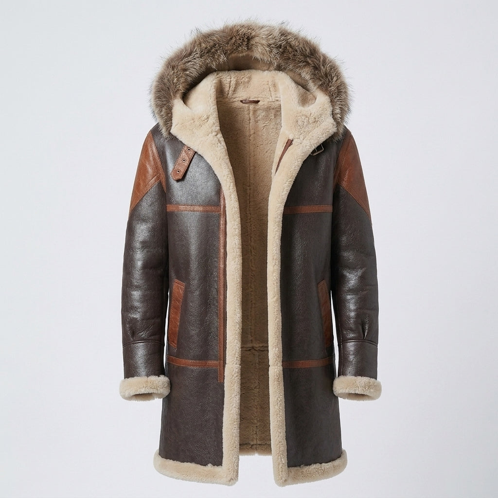 Men's Dark Brown Hooded Shearling Leather Coat