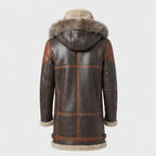 Men's Dark Brown Hooded Shearling Leather Coat