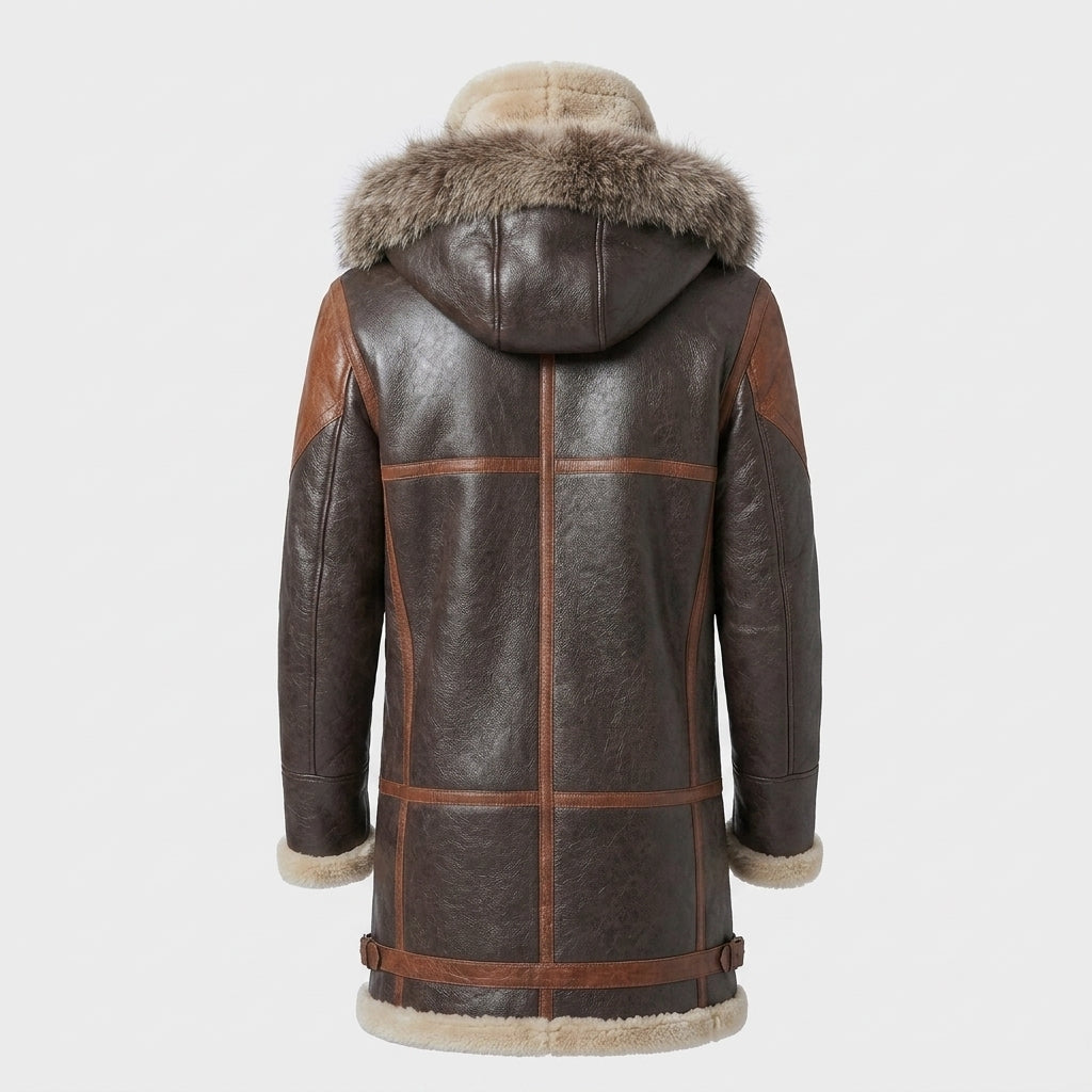 Men's Dark Brown Hooded Shearling Leather Coat