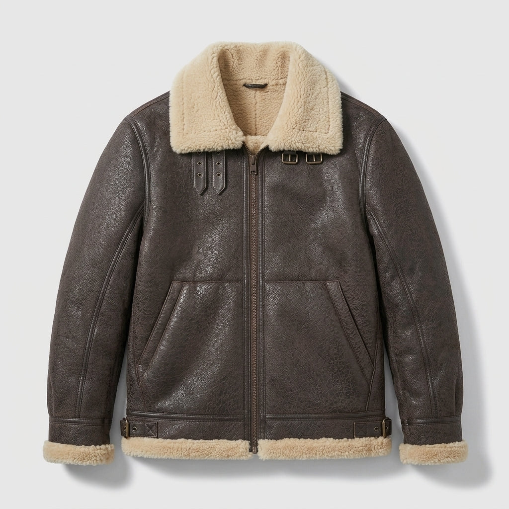 Men's Brown Distressed Sheepskin Leather Aviator Coat