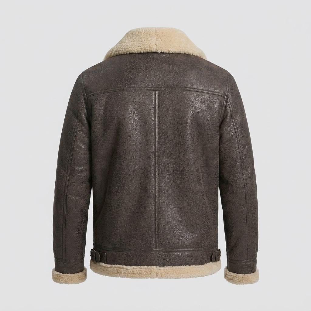 Men's Brown Distressed Sheepskin Leather Aviator Coat