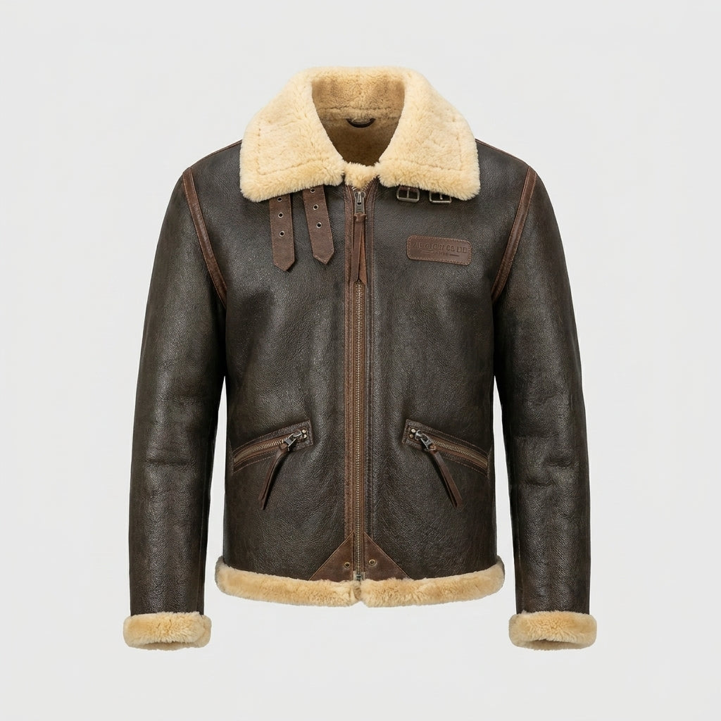 Men's Brown Sheepskin Flight Jacket with Sheepskin Lining