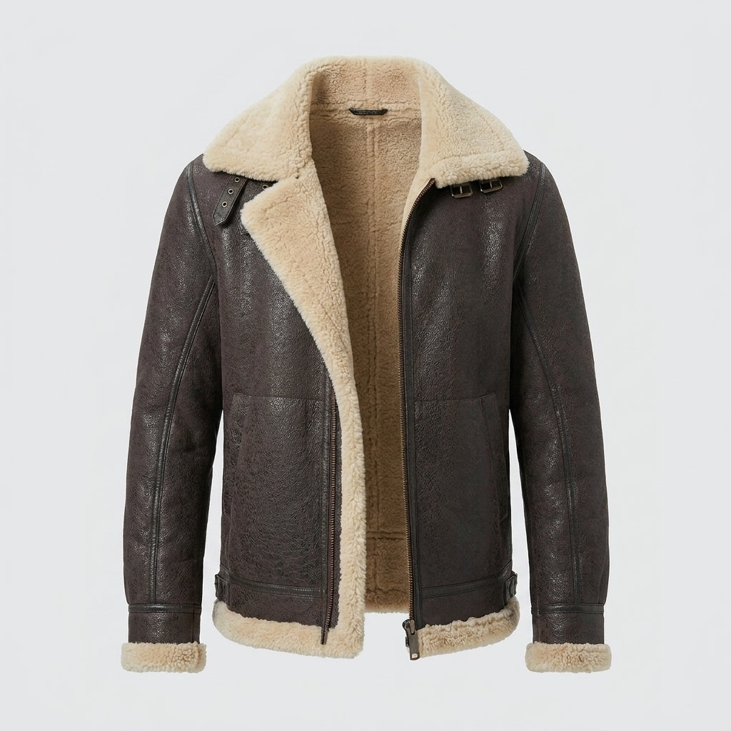 Men's Brown Sheepskin Aviator Coat with Shearling Lining