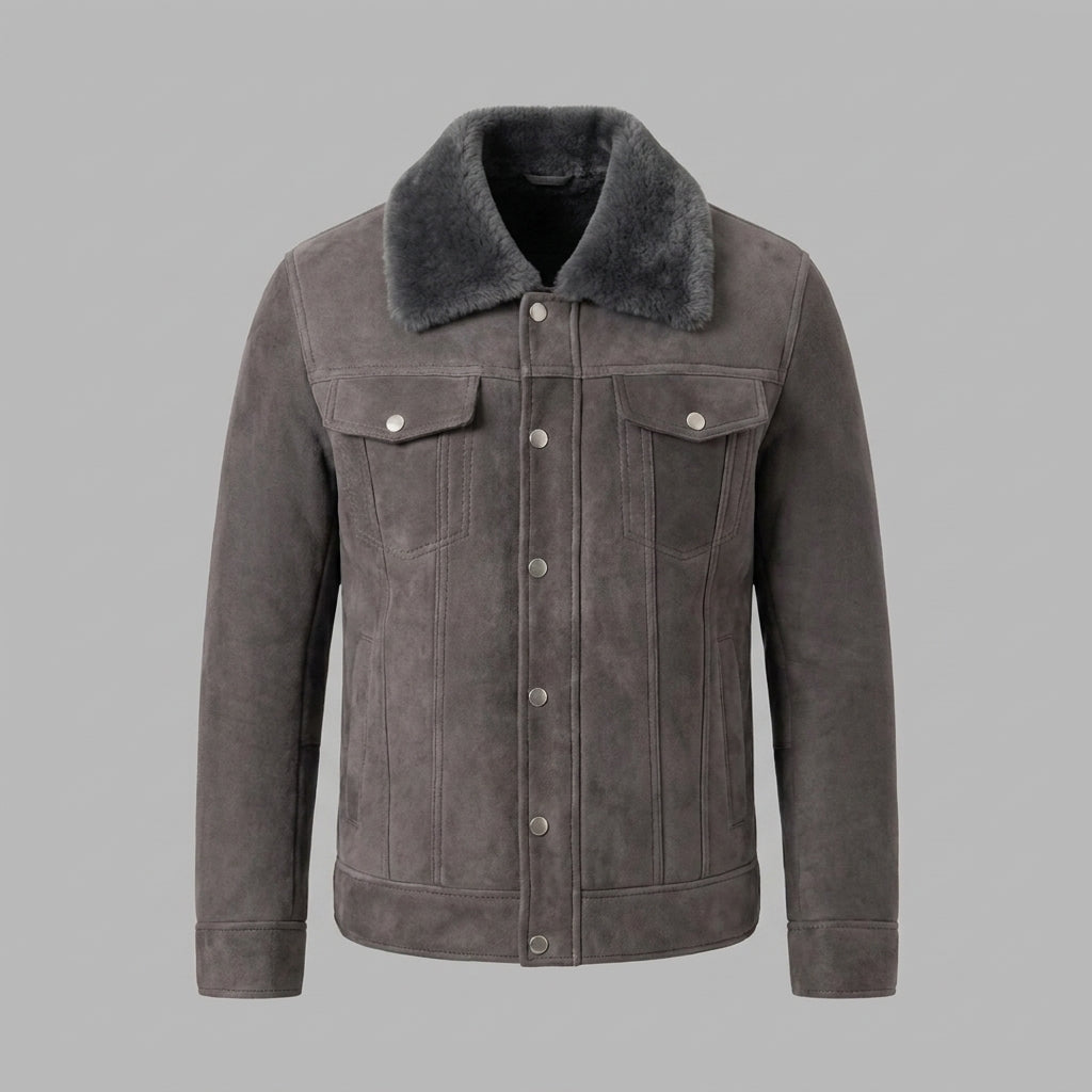 Men's Grey Sheepskin Shearling Leather Coat