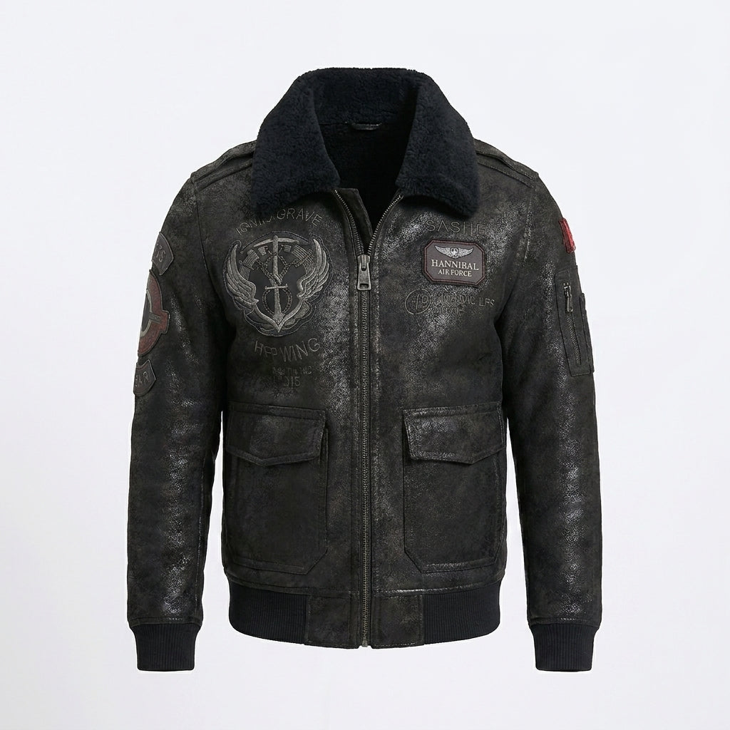 Men's Black Sheepskin Aviator Leather Jacket
